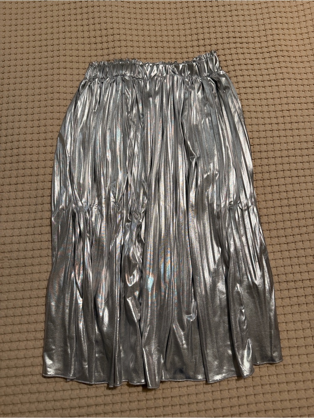 Metallic Silver Pleated Midi Skirt